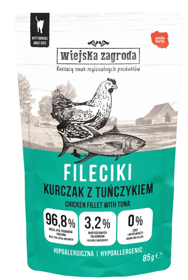 Wiejska Zagroda | Fileter våd kattefoder | 85g pose - Kylling med tun 85g