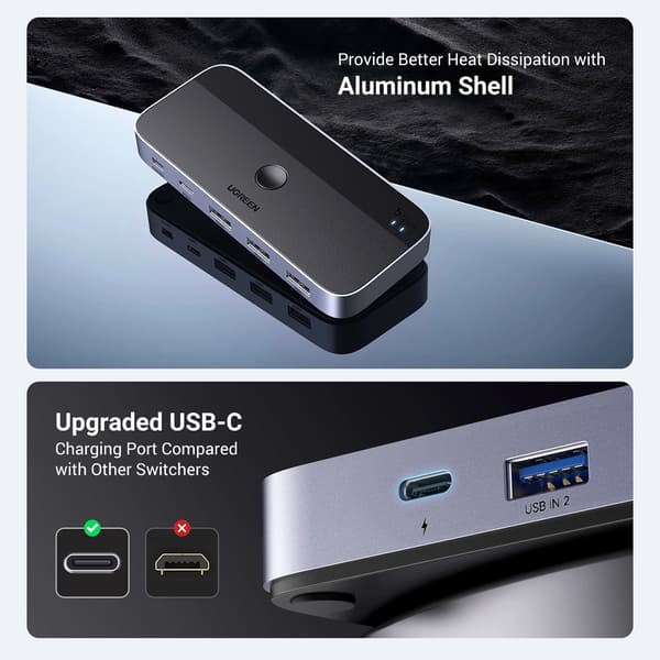 Ugreen CM662 USB 3.0-switch 2-i-4 + 2x USB-A-kabel - svart