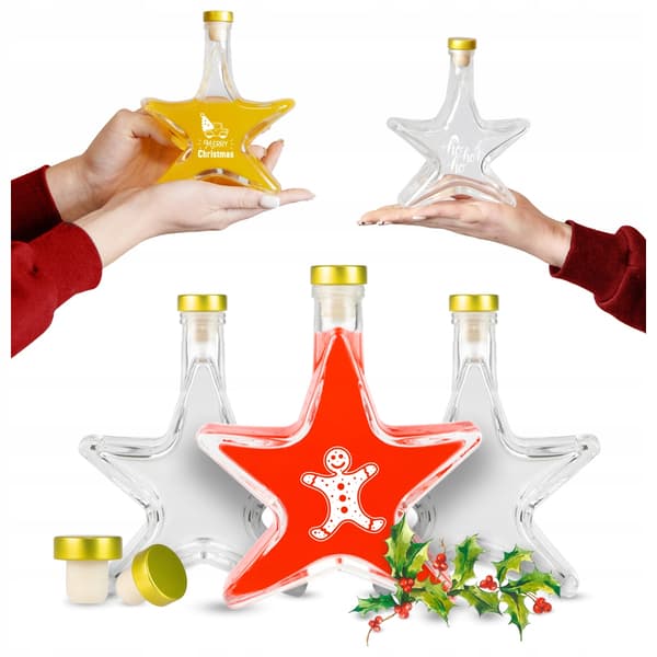 5x 200ml stjärnflaskor med jultryck för likör, tinktur, present
