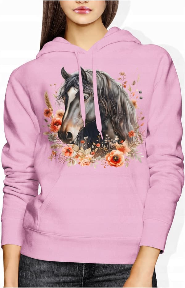 Damesweatshirt med hest og dyr, hesteprint, bomuld, sort, størrelse S