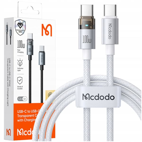 MCDODO USB-C-KAAPELI PIKALATAUS USB TYPE C 5A 100W 1M LED VALKOINEN