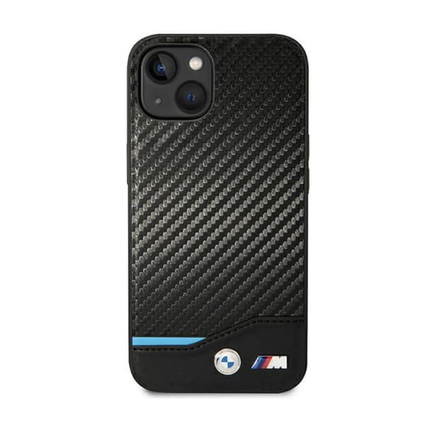 BMW Læder Carbon Blue Line - iPhone 14 Plus Etui (Sort)