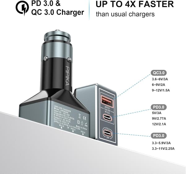3-PORT USB BILOPLADER LED TIL CIGARETLYS 65W