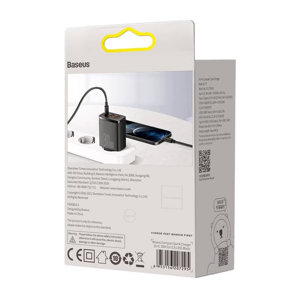 Baseus Compact -pikalaturi, 2xUSB, USB-C, PD, 3A, 30W (musta)