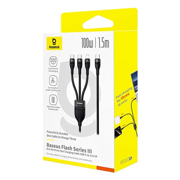 Kabel 3w1 Baseus Flash Series 3 100W USB-C - USB-C+USB-C+Lightning 1,5m + 3 x 0,25 m - sort
