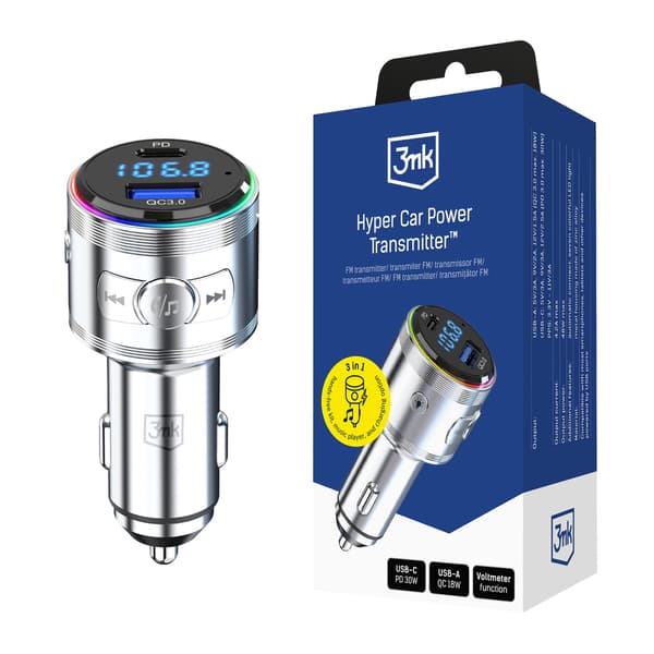 Tilbehør - 3mk Hyper Car Power Transmitter 48W QC PD PPS USB 1C1A Sølv