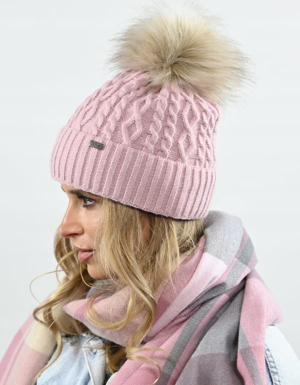Damvintermössa i rosa med pompom, varm fleecemössa PL