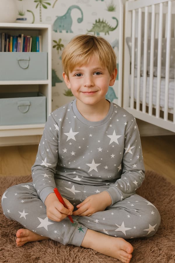 BOMULLSPYJAMS 116 UTBILDNINGSBARA barnpyjamasar för MÅLGÄRNINGSSTJÄRNOR