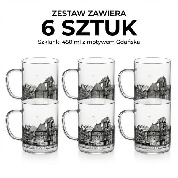 GLASMUGG MED TRYCK GDAŃSK STAD 400 ML SET MED 6 GLASMUGGAR GLAS