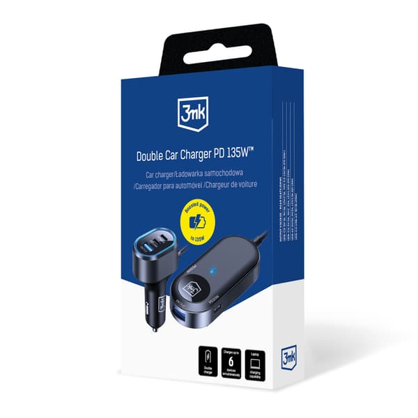 3mk Dubbel Billaddare 135W PD QC PPS USB 2A4C Svart/Grå