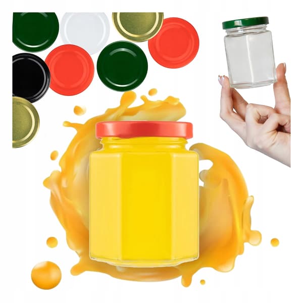 5x GLAS sekskantede 200ml til marmelade, honning, syltetøj, krydderier