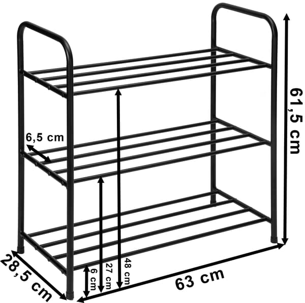 TIKI sort metal skohylde, 3 niveauer