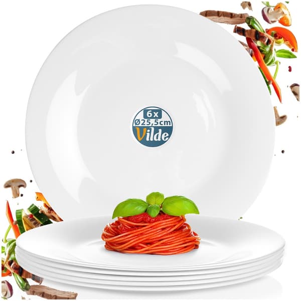 Middagstallerkener flade glas hvide 25,5 cm 6 stk.