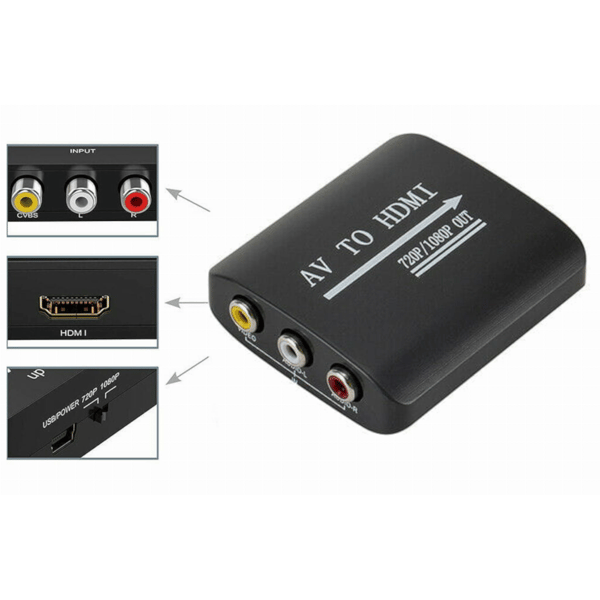 Konverter fra AV CVBS 3x RCA-stik til HDMI-adapter sort