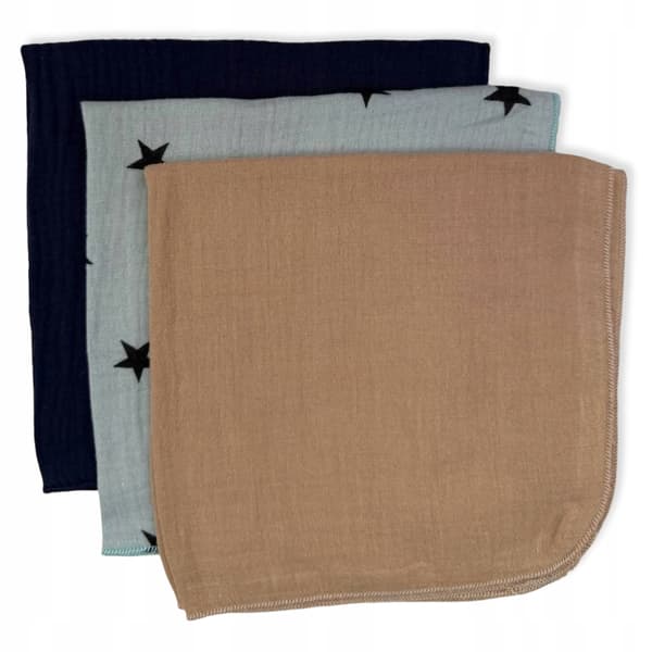 3-PAK mini muslin bleer 38x38 klude BEIGE, stjerne, marineblå