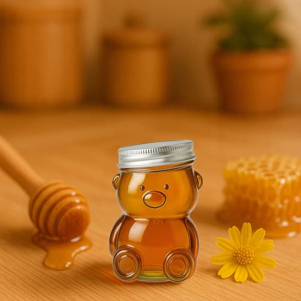 4x Glaskrukke Bamse 80ml bryllup dåb nadver honning marmelade slik