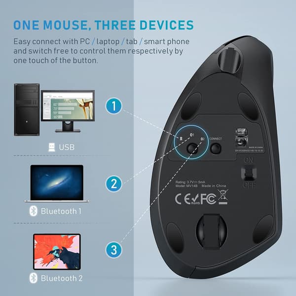 TRÅDLÖS SVART BLUETOOTH USB 2.4G ERGONOMISK VERTIKAL MUS
