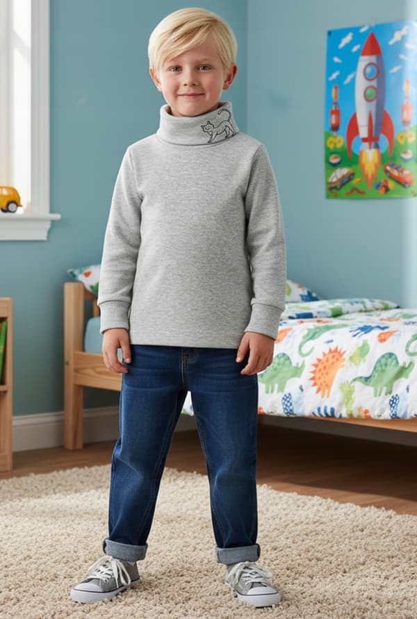 Barn TURTLENECK 122 SWEATSHIRT Barn T-SHIRT BLUS med tryck GRÅ MELERAD