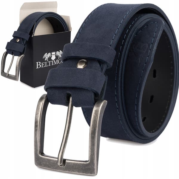 Herrbälte i lädermocka, 4 cm brett, klassiskt, premium marinblått, Beltimore