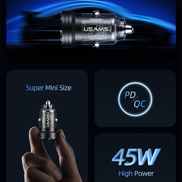 USAMS Biloplader C35 USB+USB-C 45W Fast Charge sort/sort CC175CC01 (US-CC175)