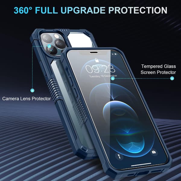 MARINEBLÅT ETUI TIL APPLE IPHONE 12 PRO MAX MED HÆRDET GLAS OG KAMERABESKYTTELSE
