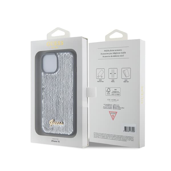 Guess Sequin Script Metal - iPhone 15 -suojakuori (hopea)