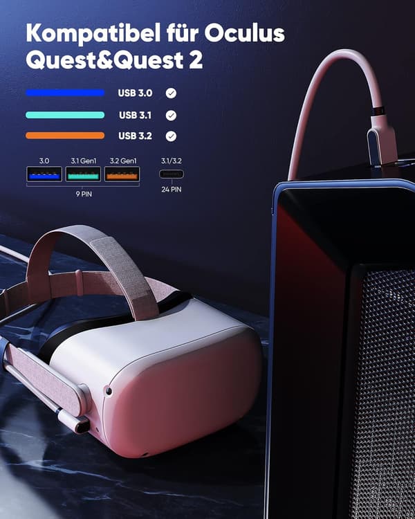 USB 3.0 USB-C-KABEL FÖR OCULUS QUEST 1 2-ST STEAM VR 5 Gb/s VIT 5m