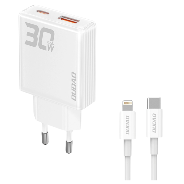 Dudao A30EUL 30W GaN USB-A / USB-C Väggladdare + USB-C - Lightning-kabel - Vit