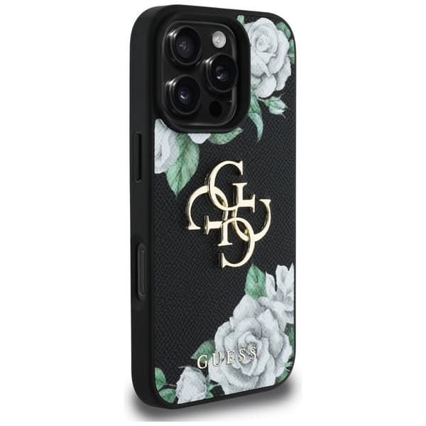 Guess Grained Roses Big 4G logo cover til iPhone 16 Pro Max sort