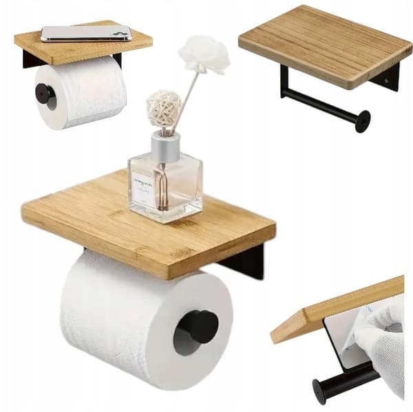 Toiletpapirholder Krog Sort Loft med bambushylde selvklæbende