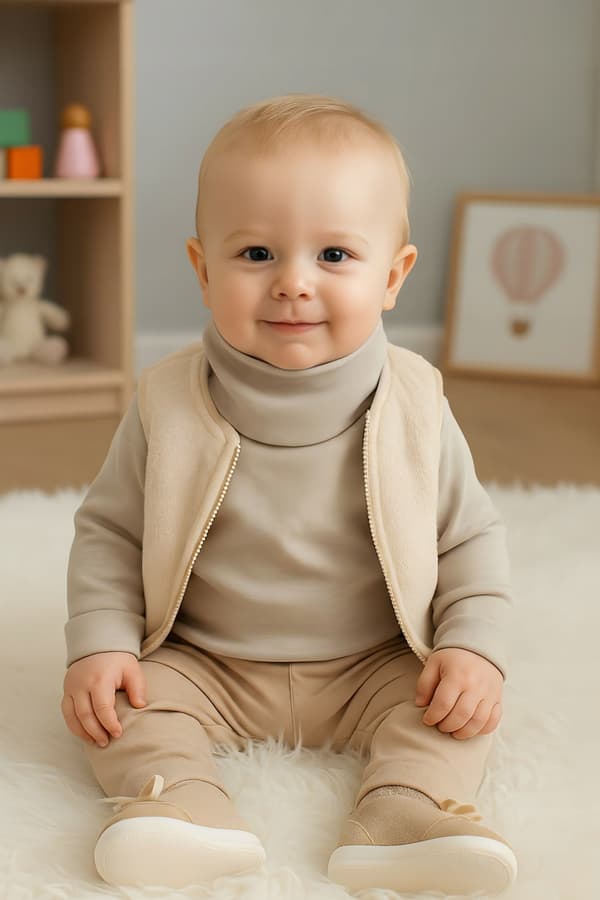 Varm barntröja polotröja 92 beige höghalsad blus