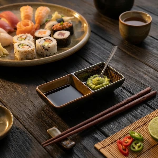 SKÅLBEHÅLLARE FÖR SÅS, DIP, SUSHI, KERAMISK SÅSBÅT REKTANGULÄR 2x 50ml