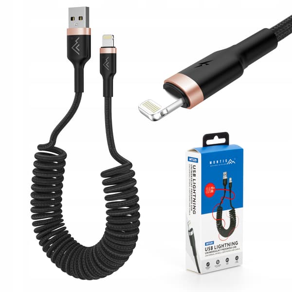 STARK KABEL MED SPIRALFJÄDER USB LIGHTNING FLÄTAD 3A 1,5M FÖR BIL