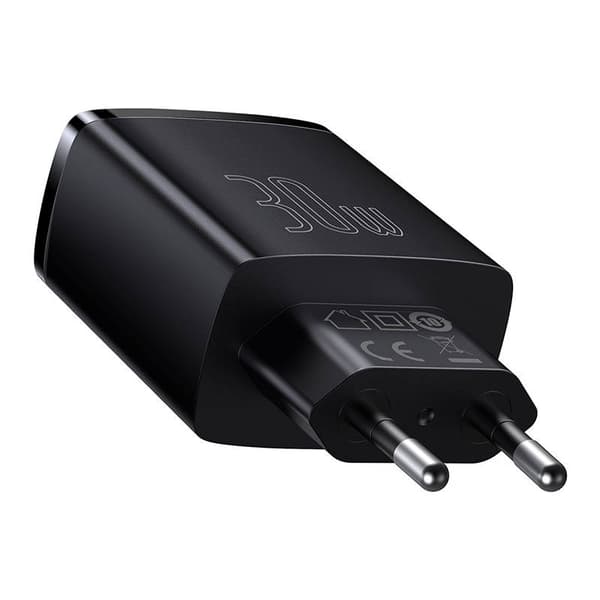 Baseus Kompakt Snabbladdare, 2xUSB, USB-C, PD, 3A, 30W (svart)