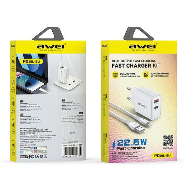 AWEI PD81L-EU 22.5W AC-oplader + USB-kabel + Lightning Hvid GaN
