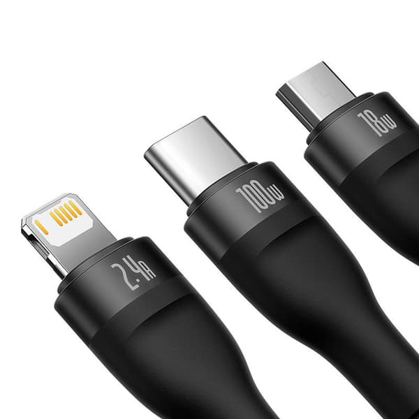 Baseus Flash Series 3-i-1 USB-kabel, USB-C + micro-USB + Lightning, 100W, 1,2m (svart)