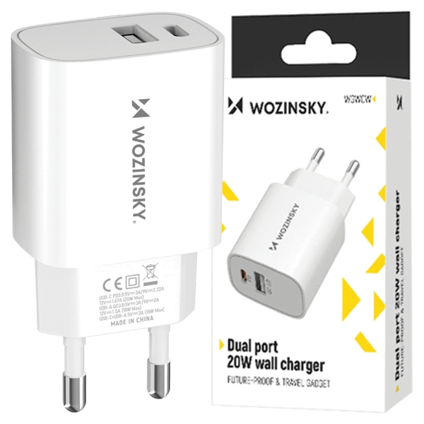 Wozinsky WGWCW USB-A USB-C 20W Väggladdare - Vit