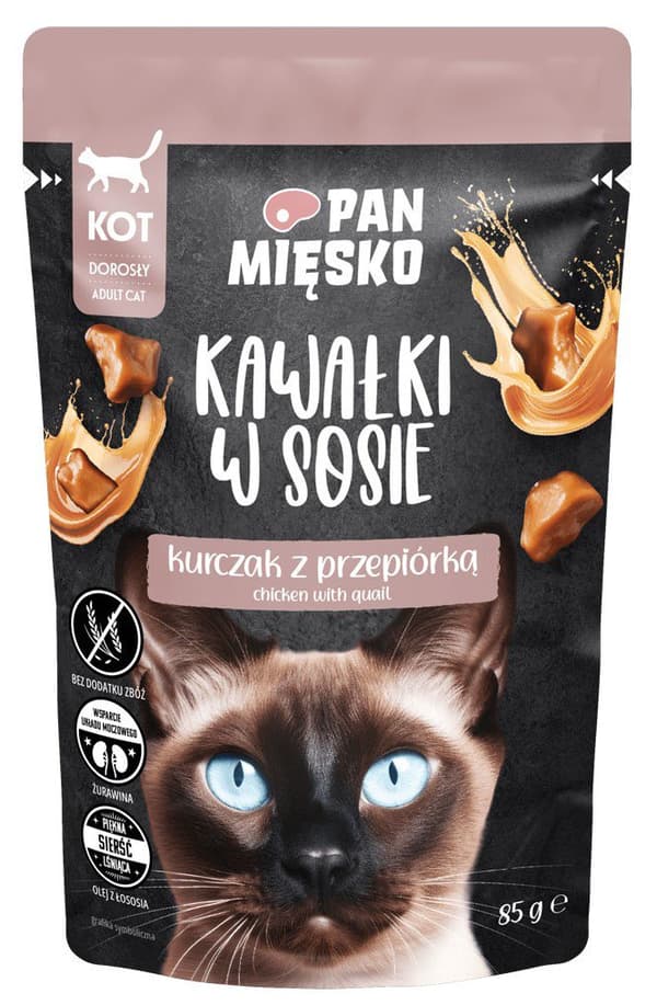 Mr. Meat | Helfoder för katter | Bitar i sås - 85 g påse - Kyckling med vaktel 85 g