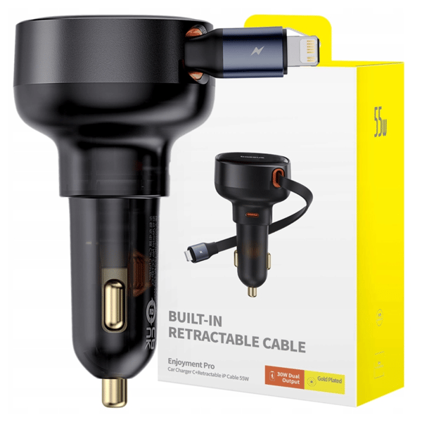 Baseus Enjoyment Pro biloplader med Lightning + USB-C kabel, 55W (sort)