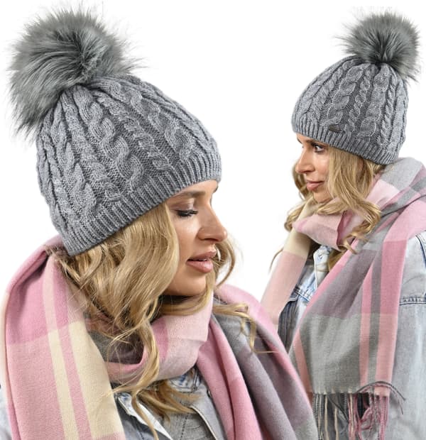 VARM damvintermössa med pompom, fleecefodrad beanie grå UNI