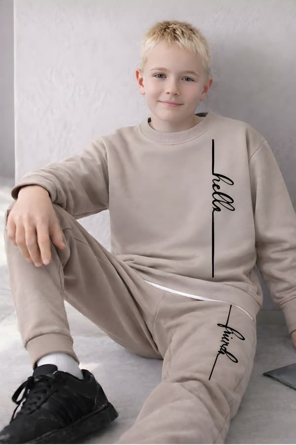 Barnträningsset varm 152 tvådelat med tryck beige