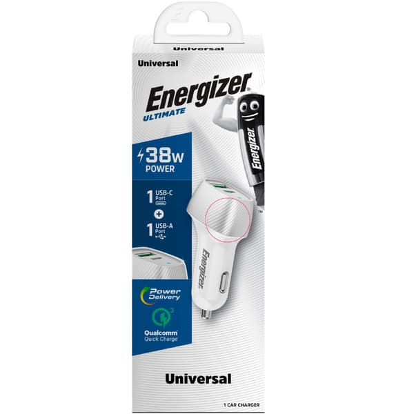 Energizer Ultimate - USB-C & USB-A Billaddare 38W PD + QC3.0 (Vit / Silver)