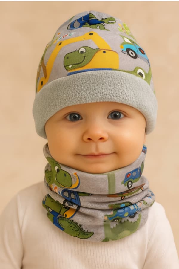 Babyset: mössa + halsduk 62/68 varm 36-38 höst DINO