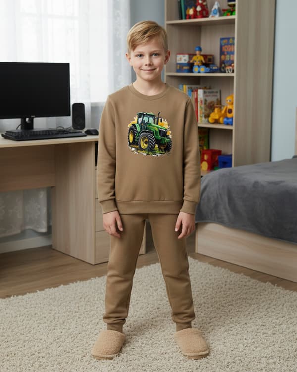 BØRNEPYJAMAS 146 til DRENGE 100% bomuld TRAKTOR print beige