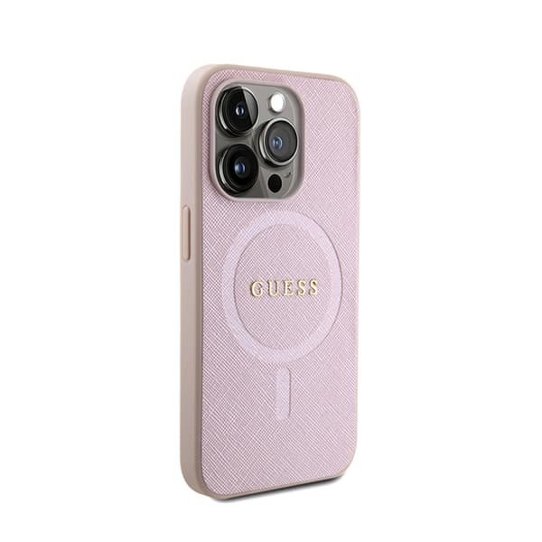 Guess Saffiano MagSafe – iPhone 15 Pro-skal (rosa)