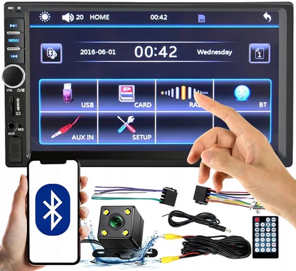 QIKtech Bilradio Bluetooth USB 2DIN 7" Display + Bakkamera Sæt