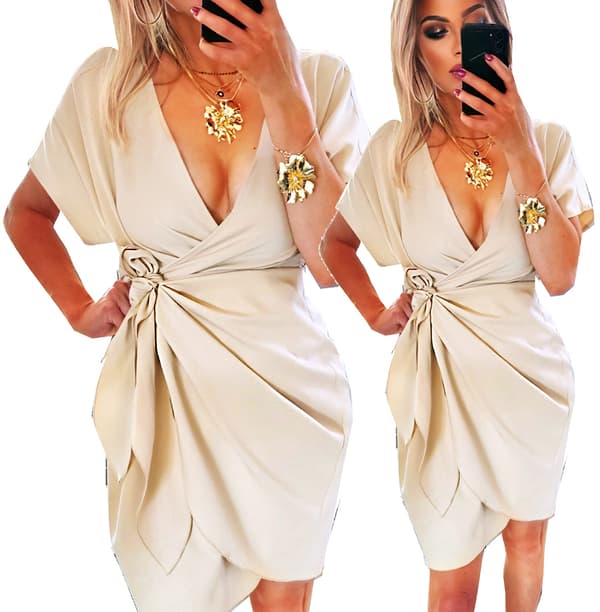 Klänning beige elegant inlindad slimmande med rynkor L