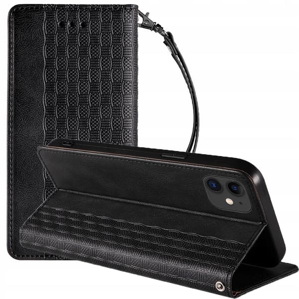 Magnetrem-cover til iPhone 12, pung + mini-snor, vedhæng, sort