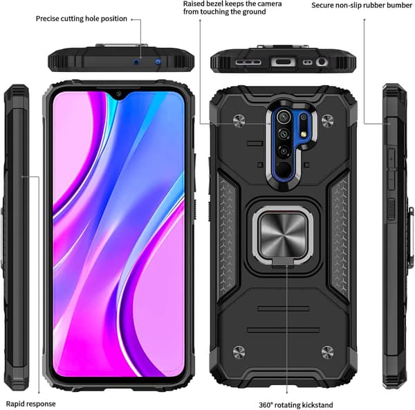 ARMOR ETUI TIL XIAOMI REDMI 9 SORT MED RING + 2x HÆRDET GLAS