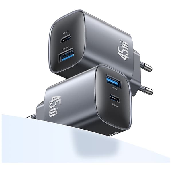 USAMS CC290 T66 45W GaN-seinälaturi 1xUSB-A 1xUSB-C hopea